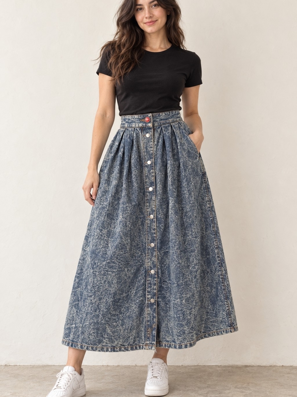 Coca Cola Acid-Wash Blue Button-Front Maxi Skirt